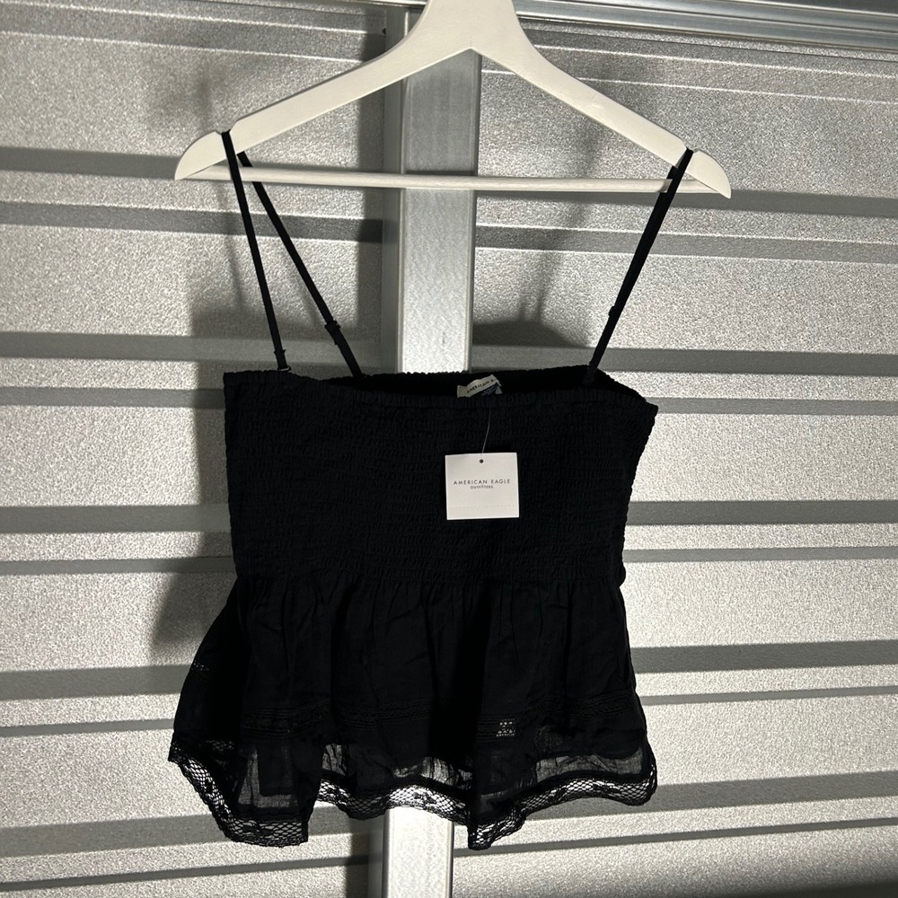 NEW American Eagle Cami Top Womens L Black Smocked Boho Lace Peplum Ruffle